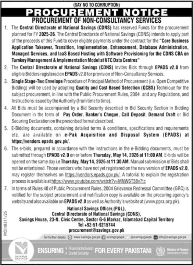 CDNS CBA Takeover, Transition & IaaS Hosting at NTC Data Centres - Central Directorate of National Savings (CDNS)